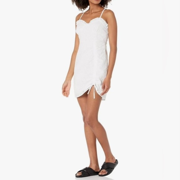White Sleeveless Ruched Eyelet Sweetheart Xtraordinary Mini Dress - Picture 1 of 5